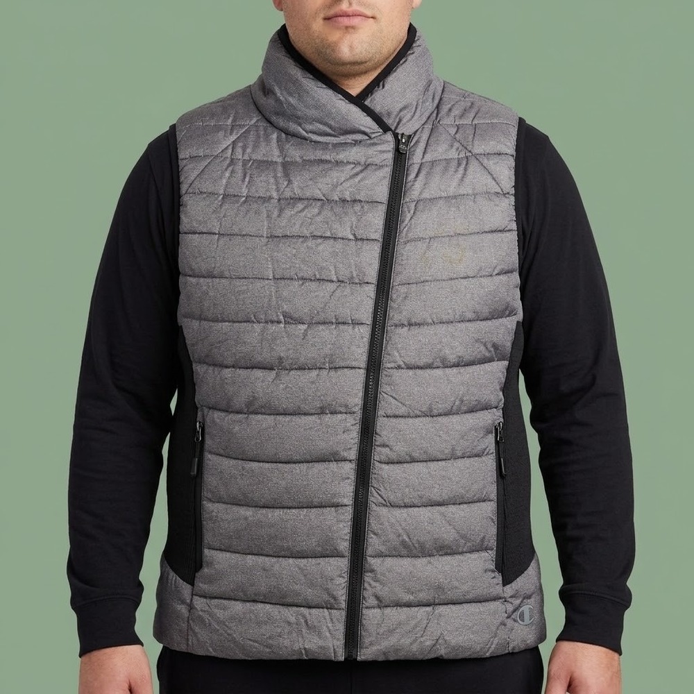 Champion Performance Men XL Grey Quilted Asymmetric Full Zip Vest EUC‎